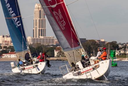 The offshore-capable Figaro2 features double rudders; a pair of boats are shown above racing at the Storm Trysail Club’s 2019 Intercollegiate Offshore Regatta. Stephen Cloutier photo.